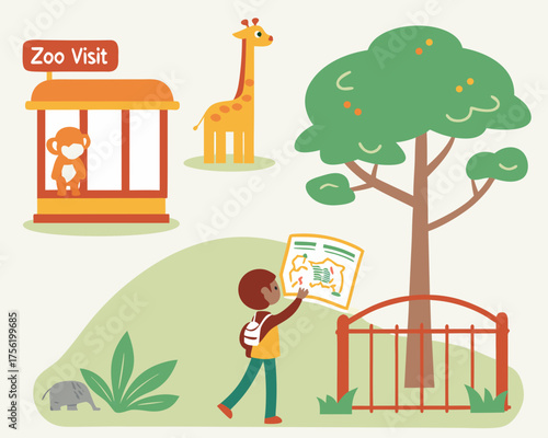 A child explores the zoo with a map, encountering animals and attractions