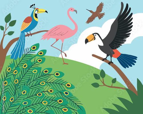Birds of a feather flock together in a colorful tropical illustration