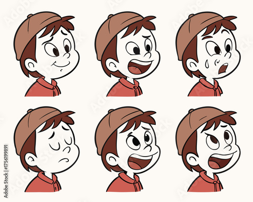 Cartoon boy with hat showing different emotions