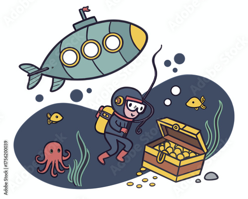 Cartoon illustration of scuba diver finding treasure in the ocean isolated