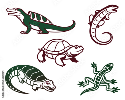 Diverse reptile collection featuring turtle, lizard, and alligator