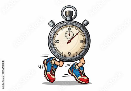Cartoon Stopwatch Character Running With Legs And Shoes.