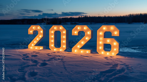 A 2026 illuminated marquee number illuminates a snowy landscape at twilight, surrounded by a serene frozen lake and distant dark treeline under a pastel evening sky.