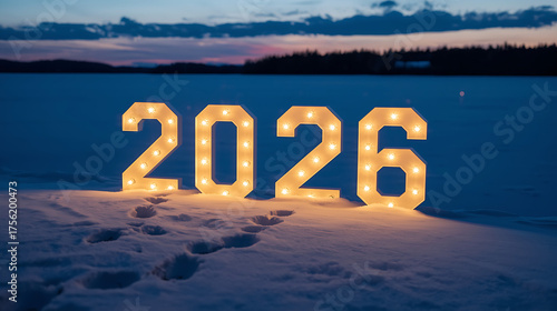 A 2026 illuminated marquee number illuminates a snowy landscape at twilight, surrounded by a serene frozen lake and distant dark treeline under a pastel evening sky.