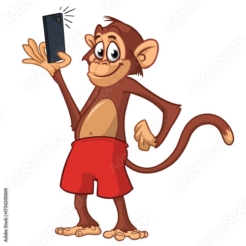 Cartoon funny monkey chimpanzee wearing shorts. Vector illustration isolated on white