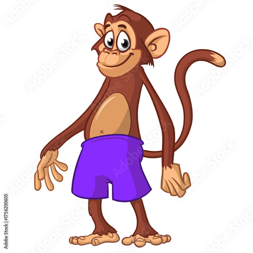 Cartoon funny monkey chimpanzee wearing shorts. Vector illustration isolated on white