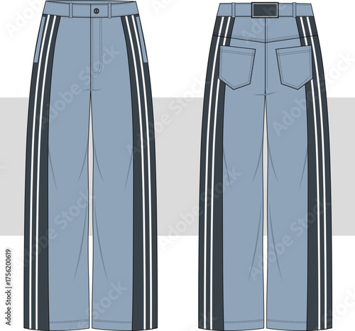 Wide Leg Striped Jeans Illustration. Boyfriend Trousers, Denim Pants Fashion design, vector. Front and Back view. CAD, Mockup.