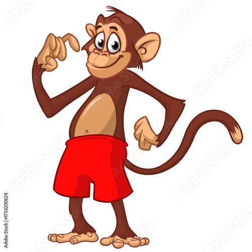 Cartoon funny monkey chimpanzee wearing shorts. Vector illustration isolated on white