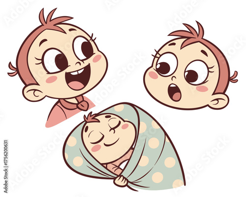 Three cute baby faces with different expressions cartoon
