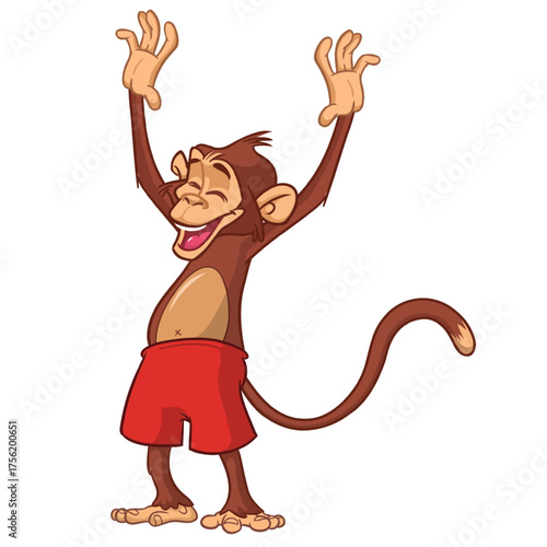 Cartoon funny monkey chimpanzee wearing shorts. Vector illustration isolated on white