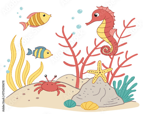 Underwater scene with fish, seahorse, crab, starfish, and coral