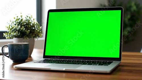 Wallpaper Mural Laptop with green screen on a wooden desk next to a coffee mug and potted plant near a window with natural light. Torontodigital.ca