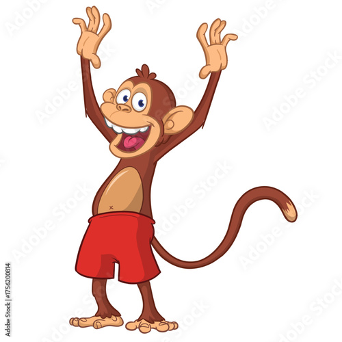 Cartoon funny monkey chimpanzee wearing shorts. Vector illustration isolated on white