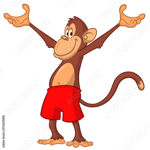 Cartoon funny monkey chimpanzee wearing shorts. Vector illustration isolated on white
