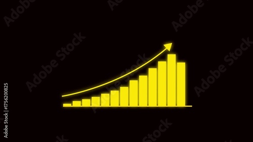 Animated yellow bar graph with upward trending arrow on black background representing financial