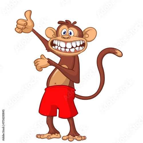 Cartoon funny monkey chimpanzee wearing shorts. Vector illustration isolated on white