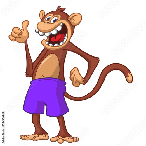 Cartoon funny monkey chimpanzee wearing shorts. Vector illustration isolated on white
