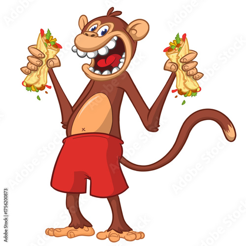 Cartoon funny monkey chimpanzee holding falafel or kebab in his hands. Vector illustration of happy monkey character design isolated.
