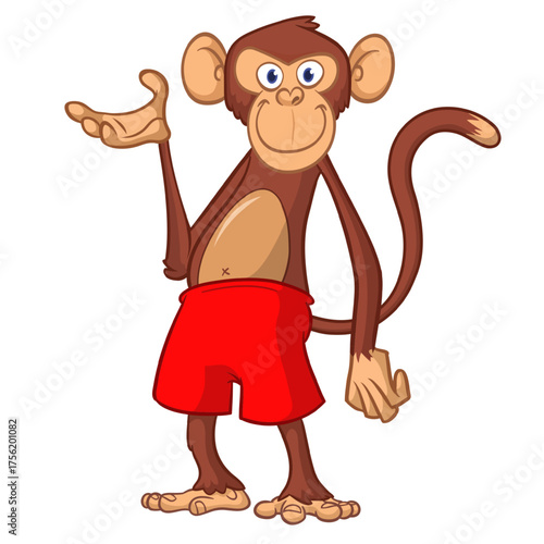 Cartoon funny monkey chimpanzee wearing shorts. Vector illustration isolated on white