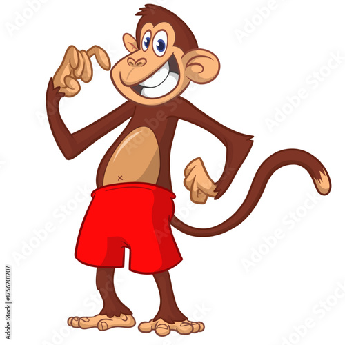 Cartoon funny monkey chimpanzee wearing shorts. Vector illustration isolated on white
