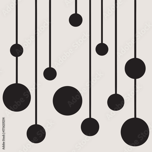 Abstract dark circles hanging on thin lines against a light background, pattern of hanging brown circles of varying sizes against a light beige background, creating a minimalist and modern design.