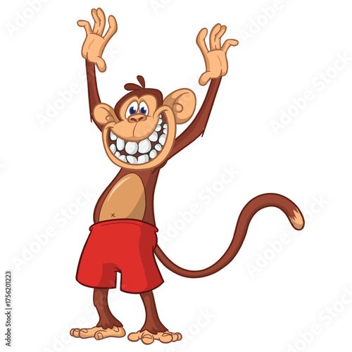 Cartoon funny monkey chimpanzee wearing shorts. Vector illustration isolated on white