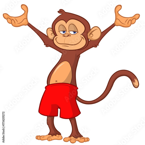 Cartoon funny monkey chimpanzee wearing shorts. Vector illustration isolated on white