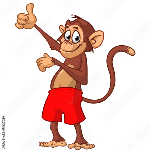 Cartoon funny monkey chimpanzee wearing shorts. Vector illustration isolated on white