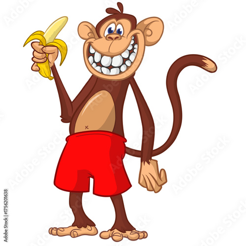 Cartoon funny monkey chimpanzee with banana in his hand. Vector illustration isolated on white