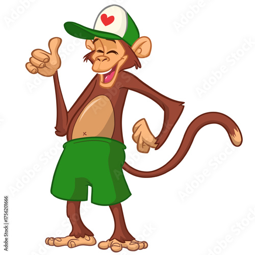 Cartoon funny monkey chimpanzee wearing shorts. Vector illustration isolated on white