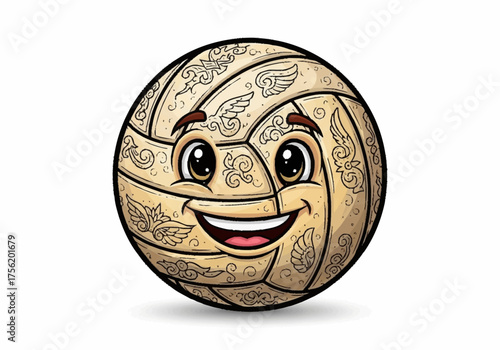 Cartoon Volleyball Character with Ancient Patterns and Happy Face.
