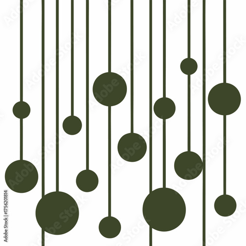 Abstract dark circles hanging on thin lines against a light background, pattern of hanging brown circles of varying sizes against a light beige background, creating a minimalist and modern design.