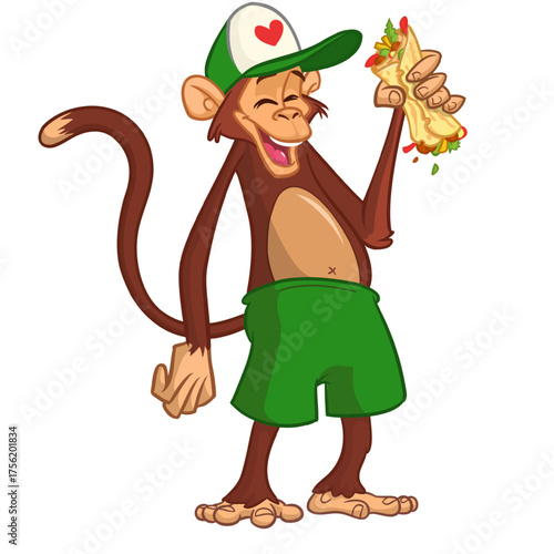 Cartoon funny monkey chimpanzee holding falafel or kebab in his hands. Vector illustration of happy monkey character design isolated.