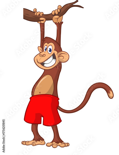 Cartoon funny monkey chimpanzee hanging on a tree branch . Vector illustration isolated on white