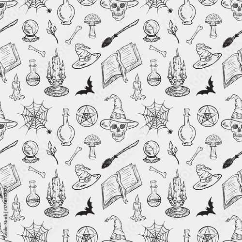 Hand drawn Halloween wrapping paper design. Seamless pattern with candle, potion, skull, bat, web, hat, mushroom, apothecary, witchcraft. Vector sketch illustration in vintage crayon charcoal style