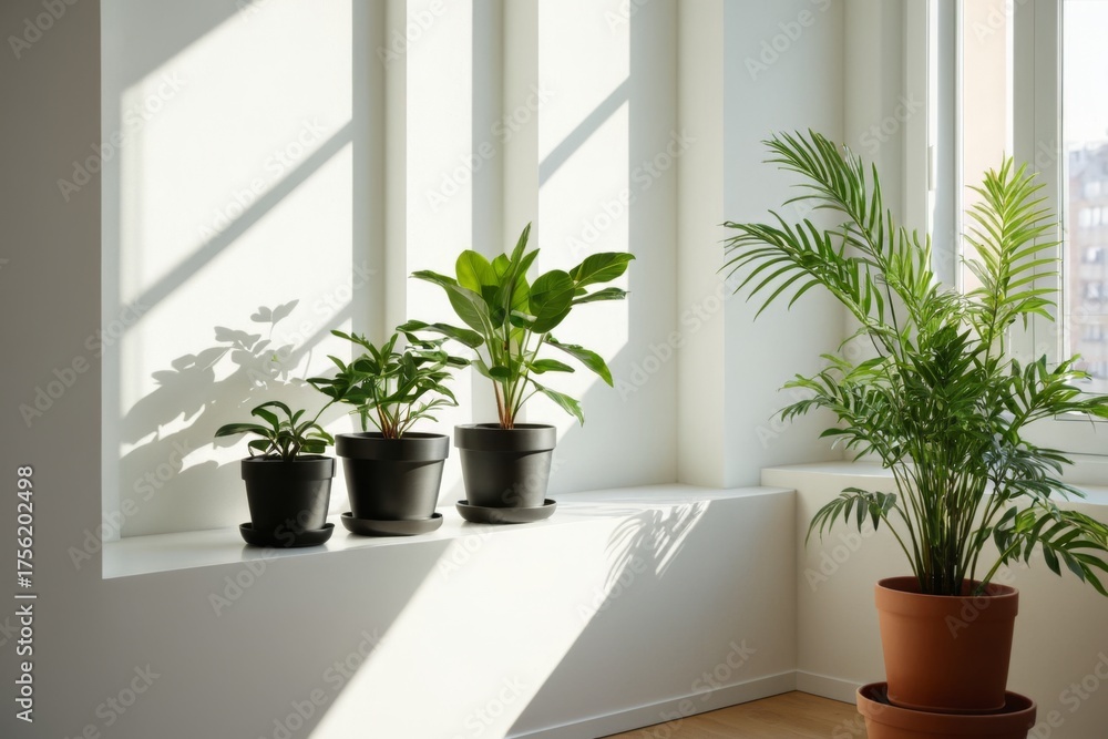 Fototapeta premium Helle Fensterbank mit Pflanzen im Sonnenlicht
