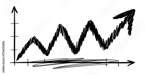 Hand drawn growth chart with volatile upward trend line and arrow showing business success