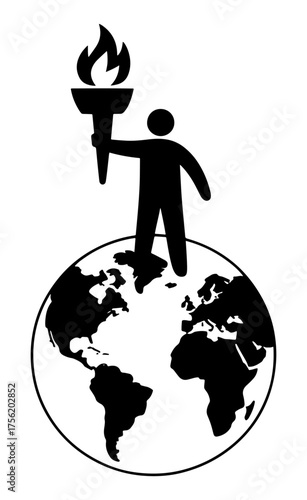 Figure holding flaming torch standing on Earth globe symbolizing leadership and global inspiration