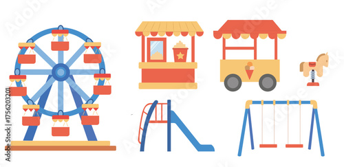 Urban Playground and Carnival Vector, Swings, Slides, Ferris Wheel, Rocking Rides, Snack Stands, Front View Illustration