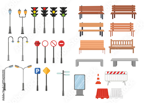 Urban Street Elements Vector Front View, Traffic Lights, Street Signs, Benches and Lamp Posts, bundle