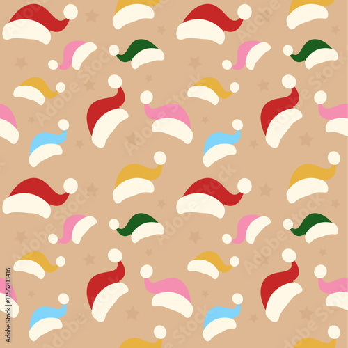 Cute Santa Hat Seamless Pattern Vector: Colorful Holiday Caps and Subtle Stars. Cream Gold Flat Design for Wrapping Paper, Fabric, and Festive Backgrounds.