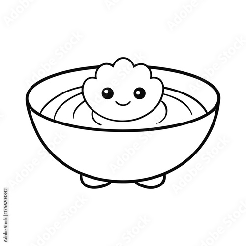 A fun clam chowder coloring page featuring a creamy bowl filled with clams, potatoes, and veggies, ready for kids to color with warm, tasty details.

