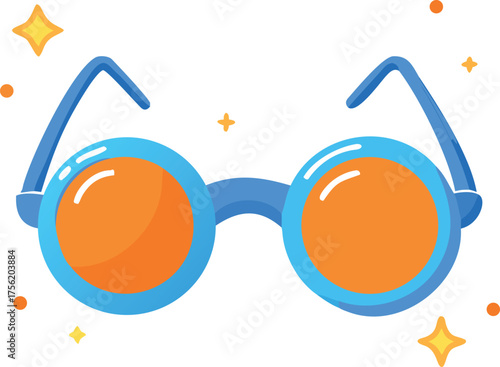 Stylish sunglasses eyewear with a blue plastic retro design vector illustration for summer fashion protection Whimsical blue round sunglasses with orange lenses and sparkles