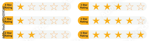 Golden star rating scale vector icons.