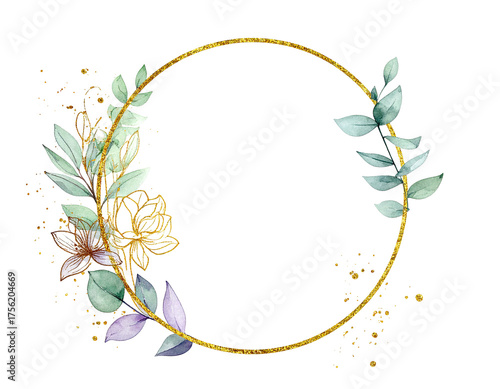 Elegant gold ring with botanical watercolor elements and black background