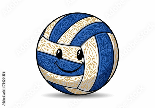 Cute cartoon volleyball with a happy face and blue and white panels.