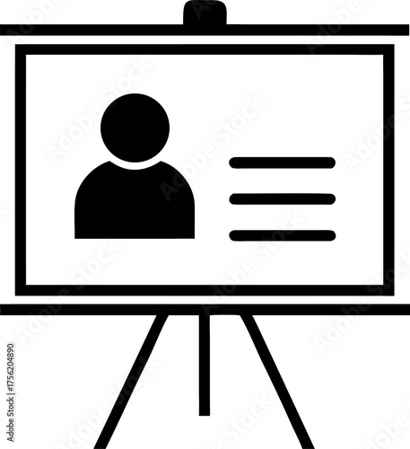 Black line icon of a presentation board on a tripod easel showing a user profile and text for business training or seminar concepts