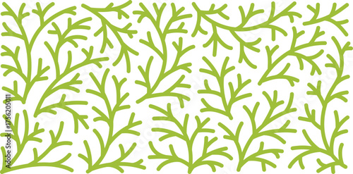 Hand-Drawn Pattern Banner with Cypress Branches and Cones Line Art Elements in Lime Green Color