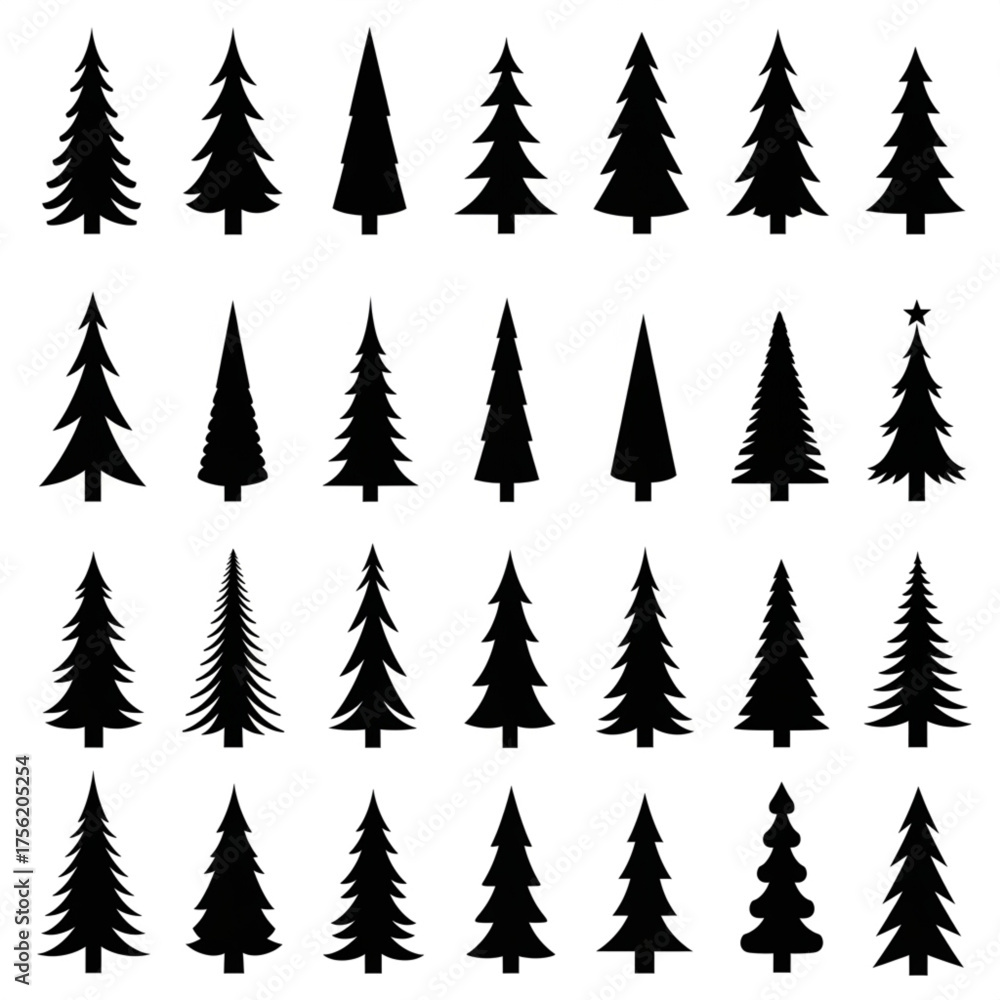 Obraz premium Elegant black Christmas tree silhouette collection on white backdrop, vector graphics for festive season design, holiday cards, winter themes, and decorative elements
