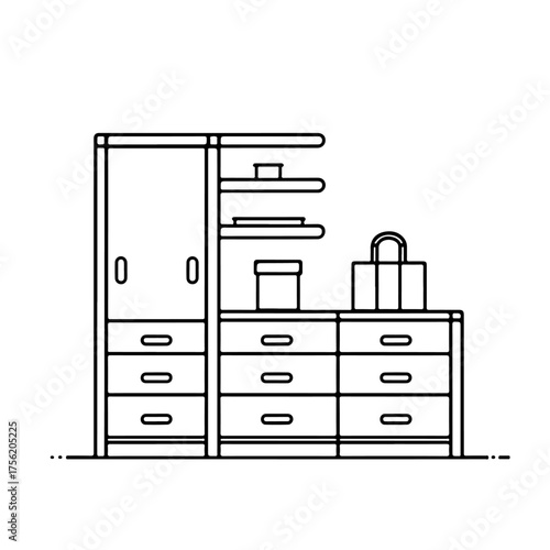  A black and white line art illustration of bedroom furniture for interior design and home organization. This vector set includes a wardrobe with clothes and a chest of drawers with storage boxes and 